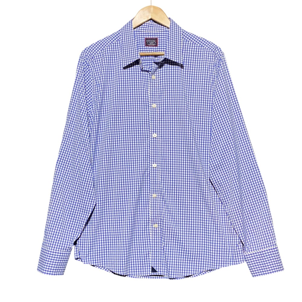UNTUCKit Fransola Mens XL Slim Fit Gingham Button Down Shirt Blue White Stretch